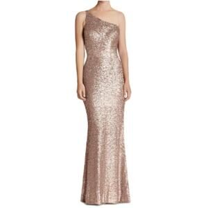 DRESS THE POPULATION Bella Ice Pink Gold Sequin One Shoulder Gown Womens Size XS